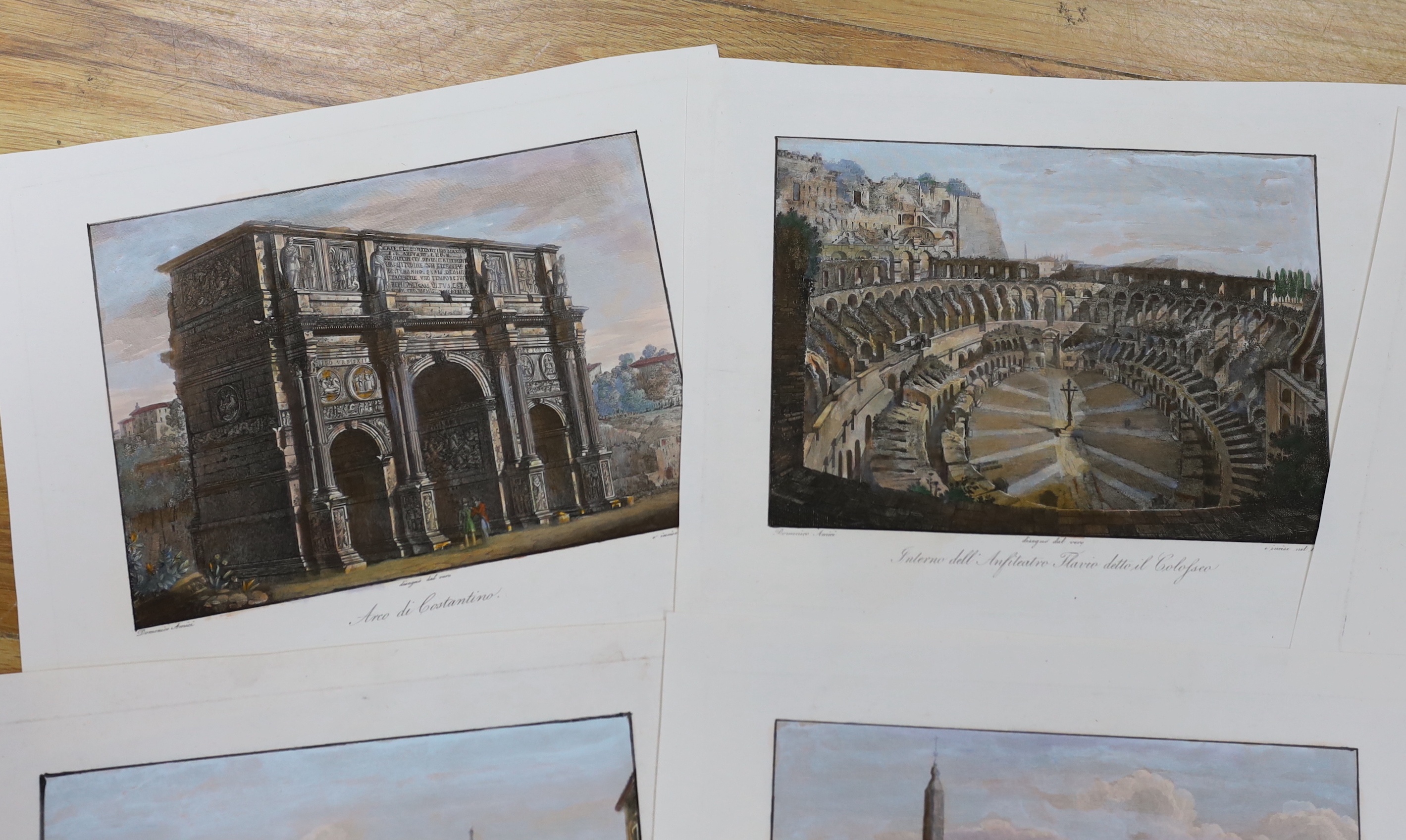 After Domenico Amici (Italian, b.1808), set of sixteen hand-coloured copper engravings, Italian monuments, each 33 x 25cm, unframed, housed in a leather wallet